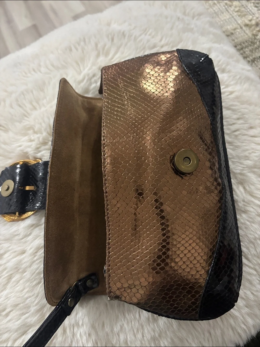 Doncaster Embossed Snakeskin Leather Clutch Bronze Gold‎ Rhinestone Snake
